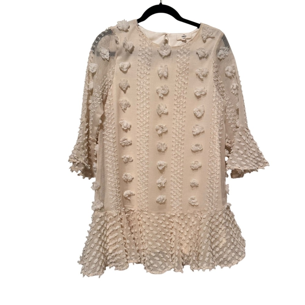 Entro Textured Bell Sleeve Dress Pom Pom Cream Short Mini Size S Boho Whimsical - Picture 2 of 10